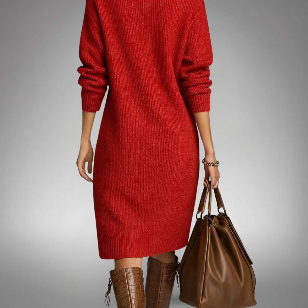 Robe Midi Femme en Maille avec Fermeture Éclair Quart au Col