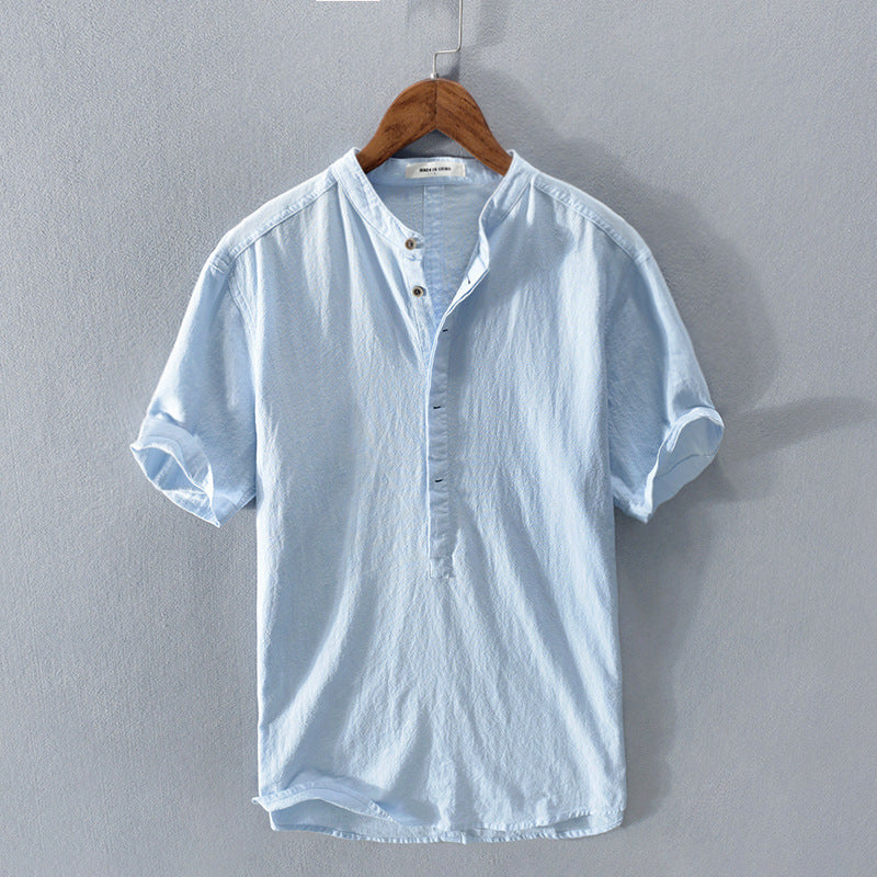 Chemise Homme Manches Courtes Col Mandarin Patte de Boutonnage