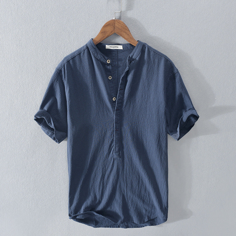Chemise Homme Manches Courtes Col Mandarin Patte de Boutonnage