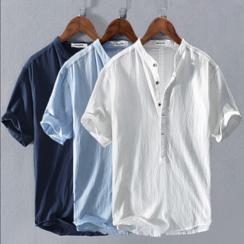 Chemise Homme Manches Courtes Col Mandarin Patte de Boutonnage