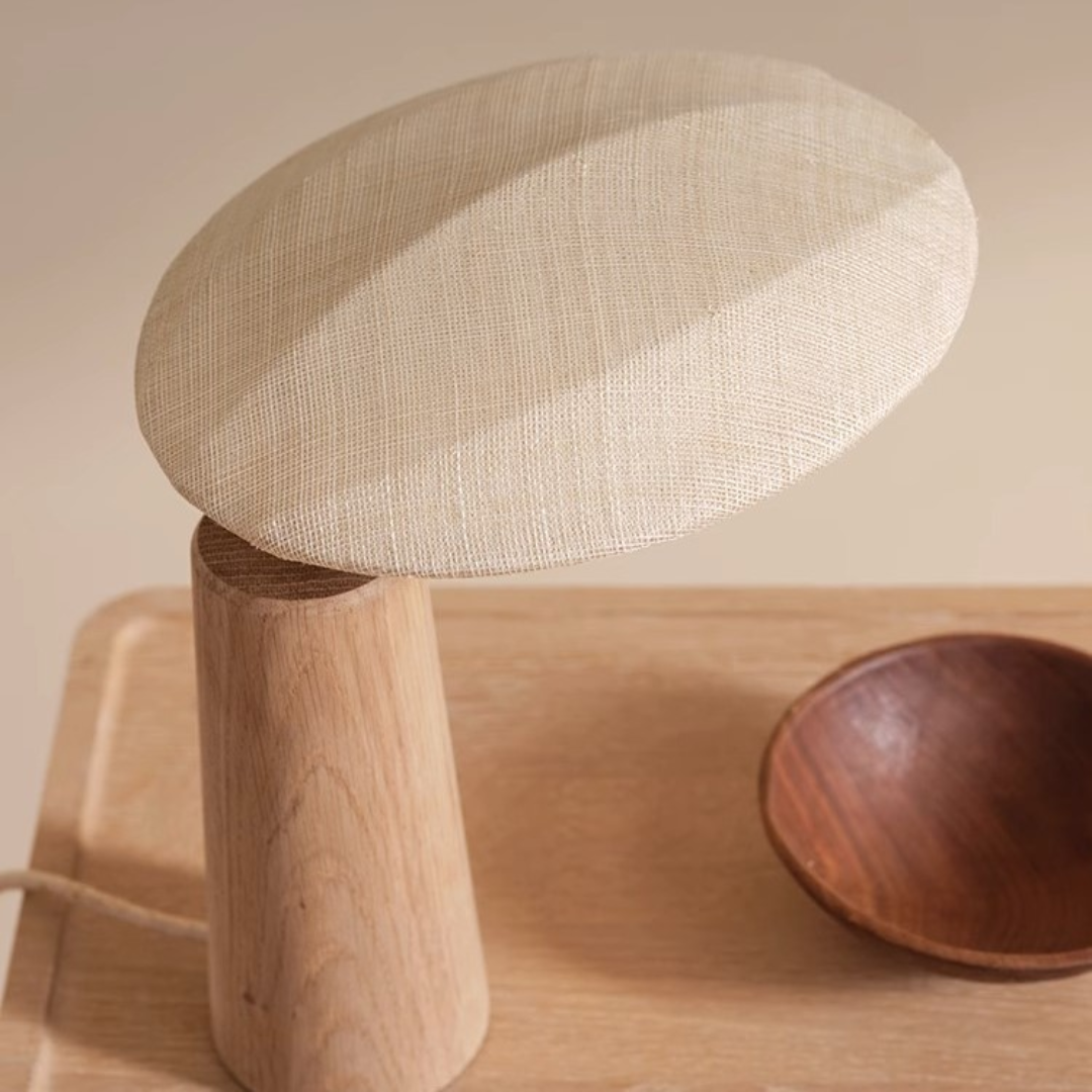 Lampe de Table Bois Massif Wabi-Sabi - Abat-Jour Rond en Tissu