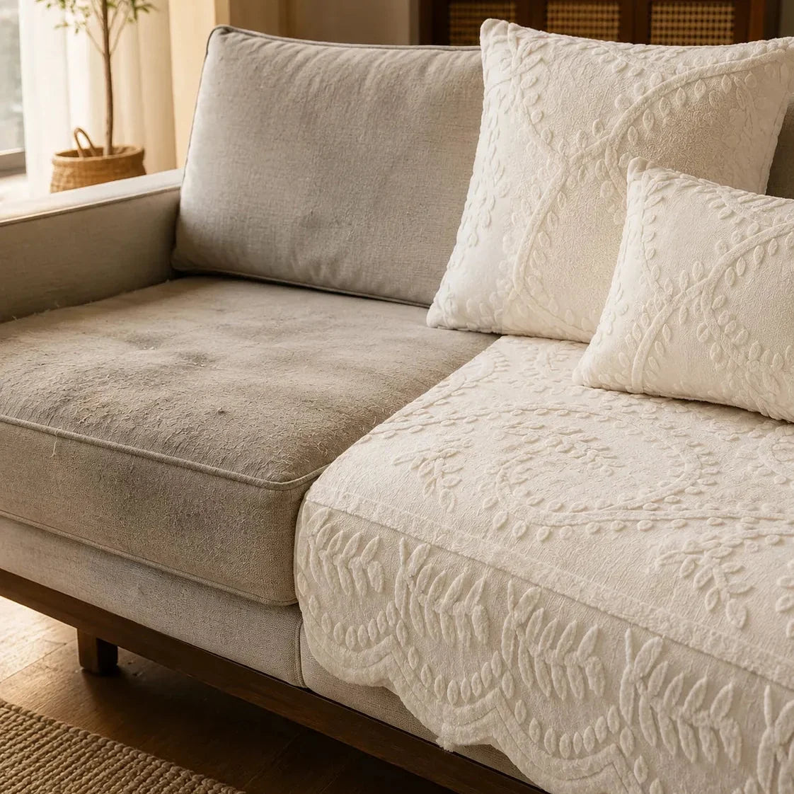 Housse de Canapé en Peluche Antidérapante à Motif Botanique Gaufré