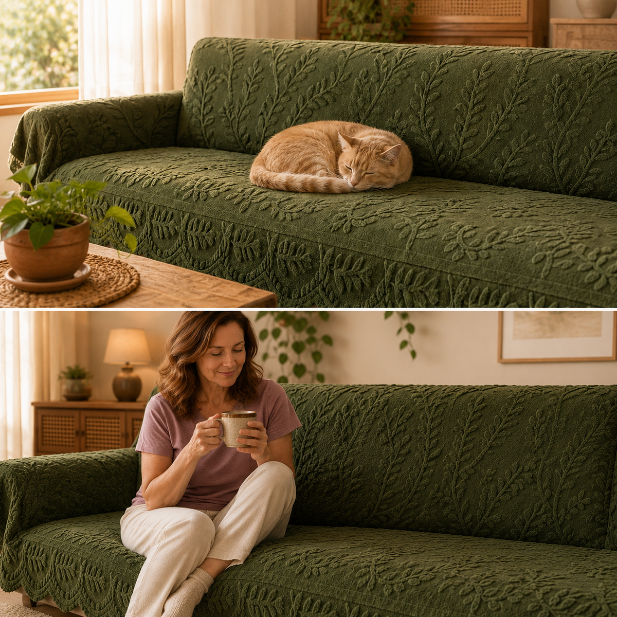 Housse de Canapé en Peluche Antidérapante à Motif Botanique Gaufré