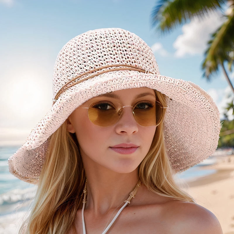 Strohoed voor dames – 100% stro, brede rand met decoratief koord, voor op het strand of zomerse uitstapjes
