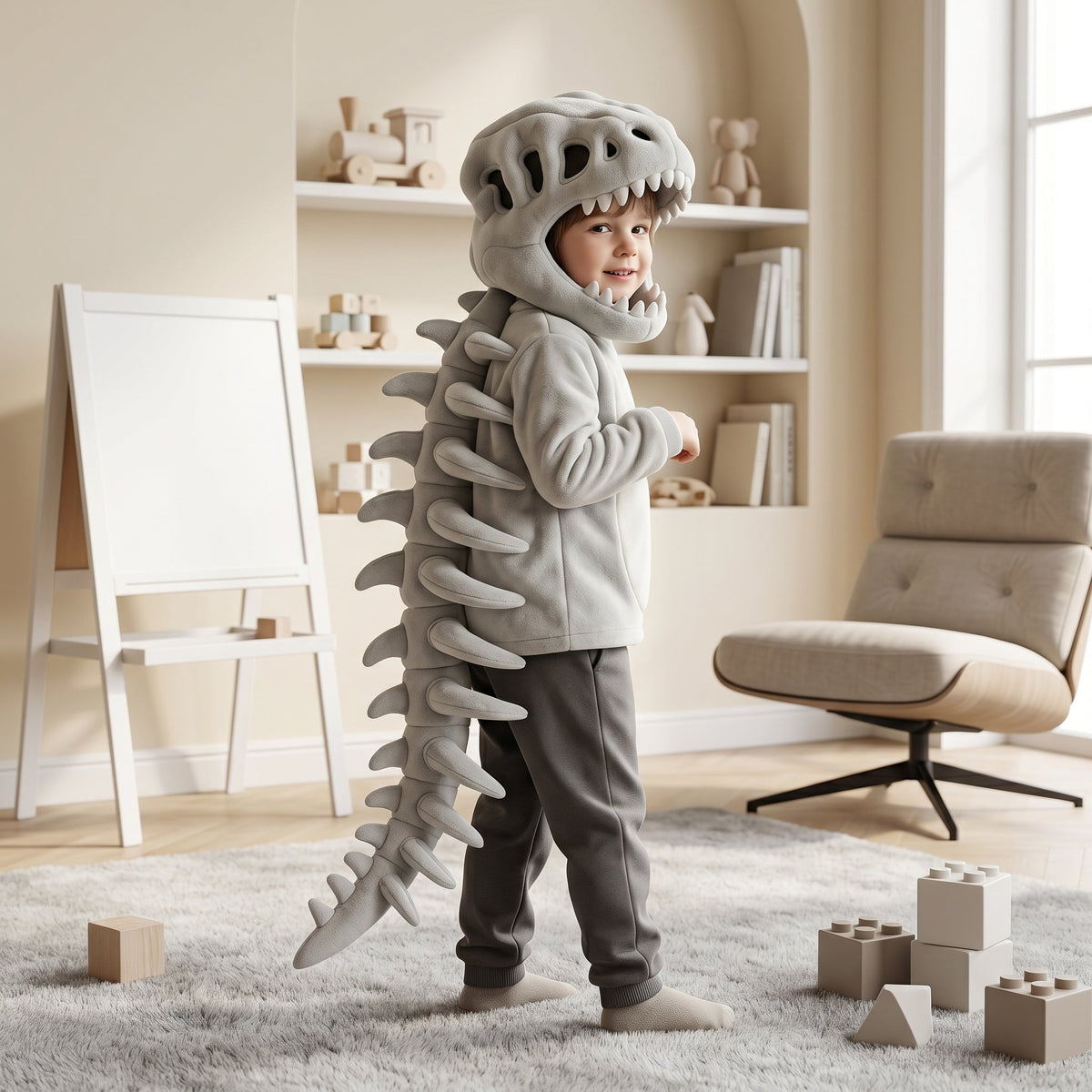 Cape tête de dinosaure grise pour enfant, détail
