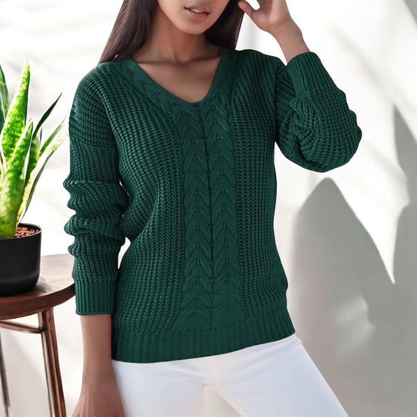 Pull Femme Col V Torsadé en Maille Texturée