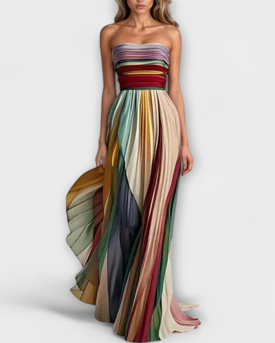 Robe Longue Femme Bustier Plissée Multicolore de Soirée