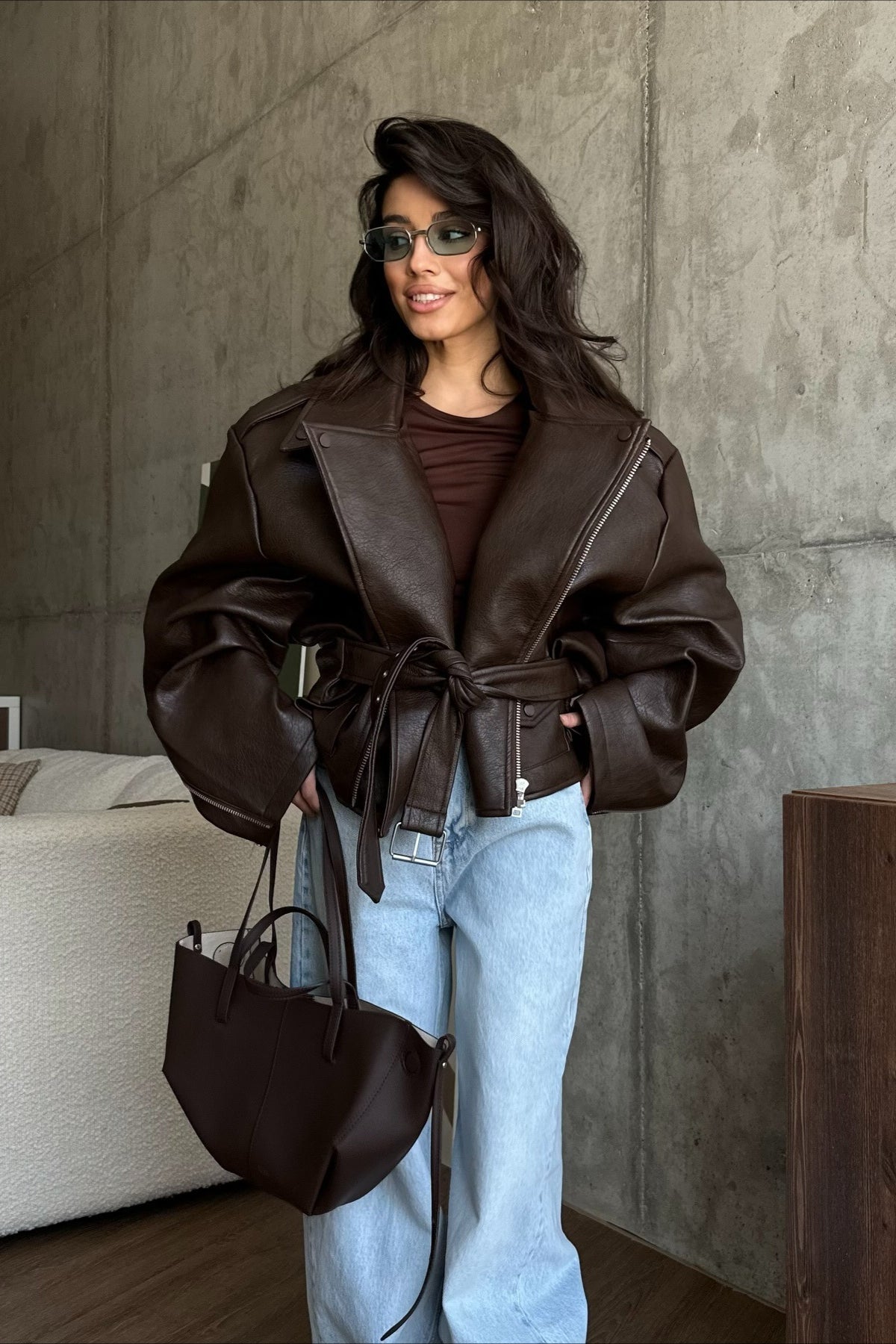 Manteau Femme Oversize Automne à Col Revers et Zip Asymétrique
