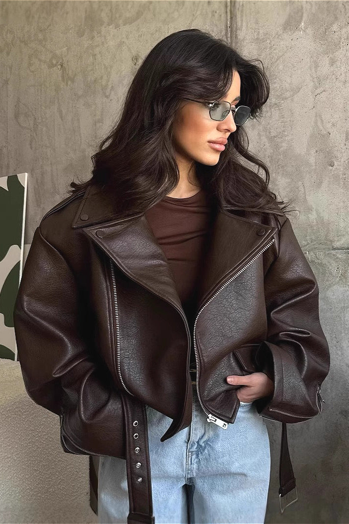 Manteau Femme Oversize Automne à Col Revers et Zip Asymétrique