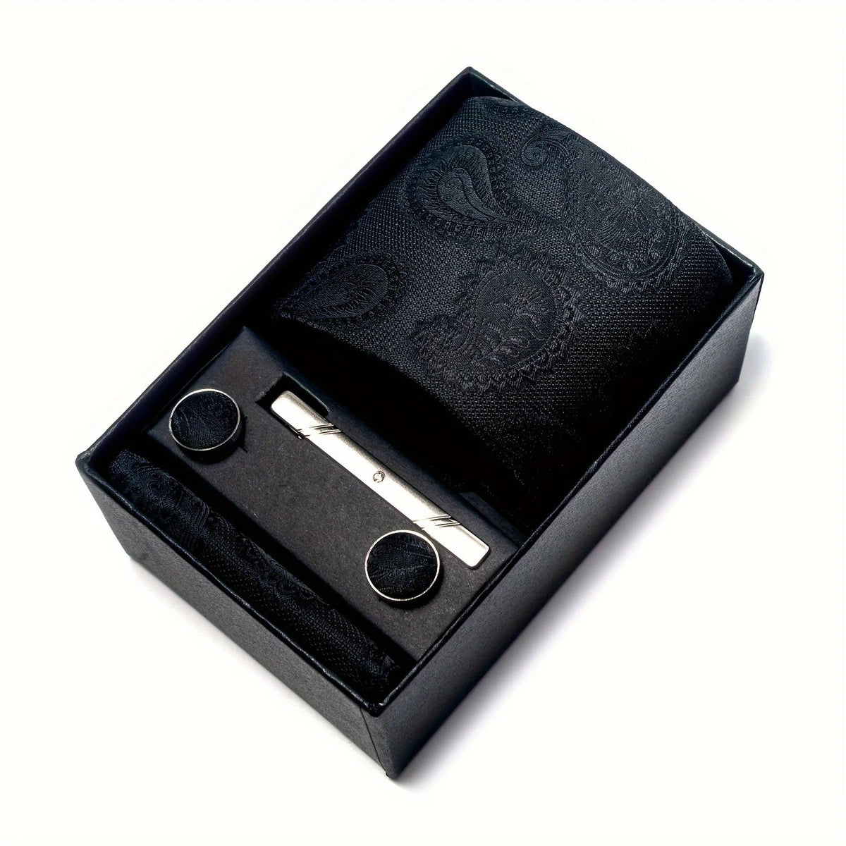 Men's Tie Set with Paisley Pattern – Matching Pocket Square Clip and Cufflinks 19