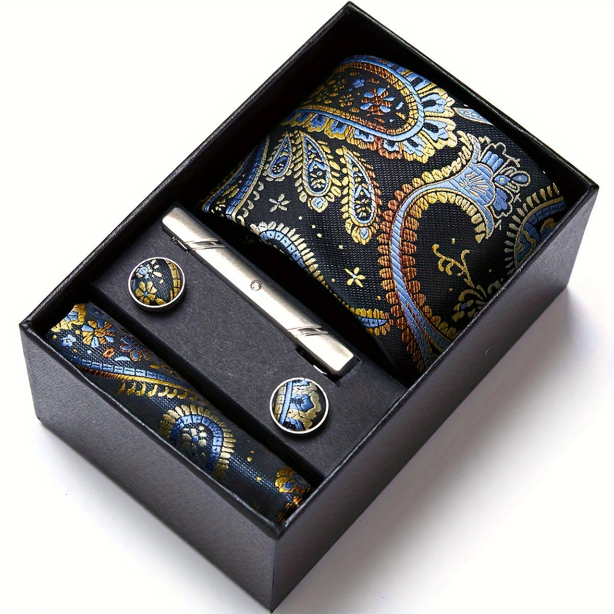 Men's Tie Set with Paisley Pattern – Matching Pocket Square Clip and Cufflinks 27