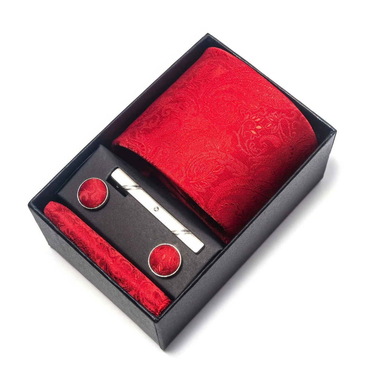 Men's Tie Set with Paisley Pattern – Matching Pocket Square Clip and Cufflinks 29