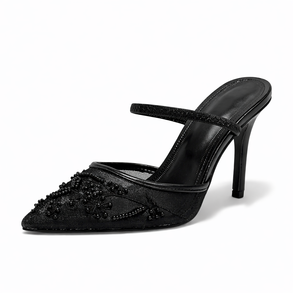 Mules Femme en Mesh Brodé Fleuri - Bout Pointu, Talon Fin
