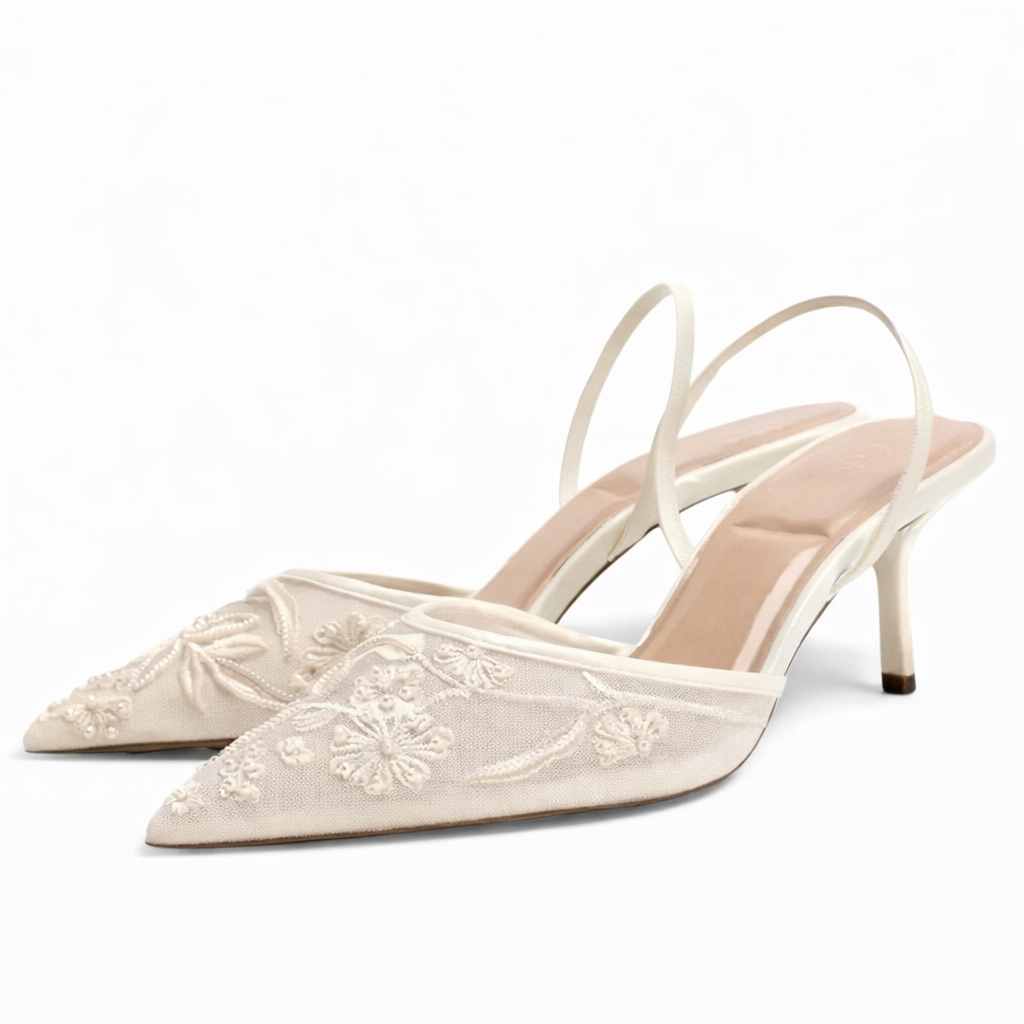 Mules Femme en Mesh Brodé Fleuri - Bout Pointu, Talon Fin