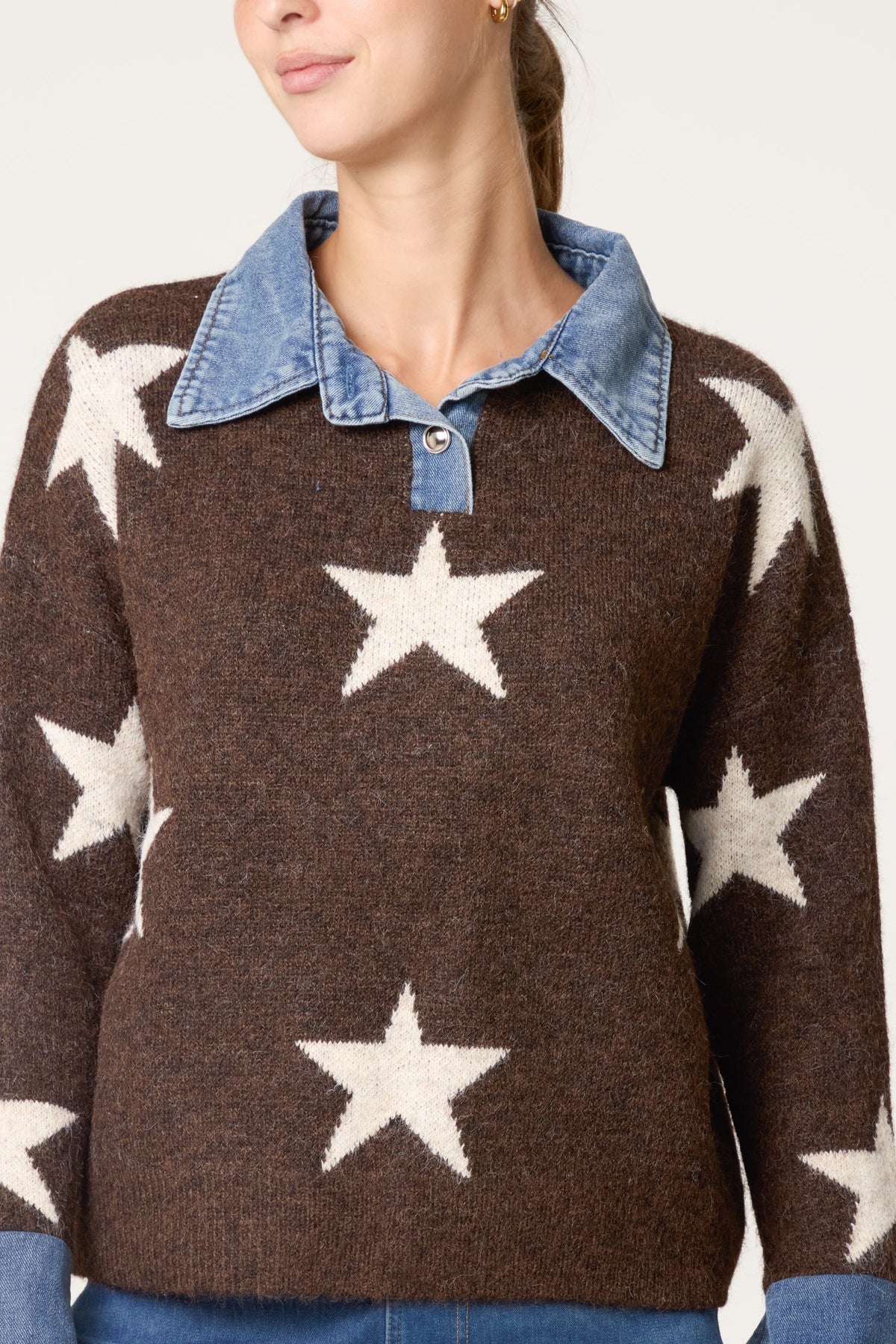 Pull Femme Col Façon Denim Motif Étoile en Maille