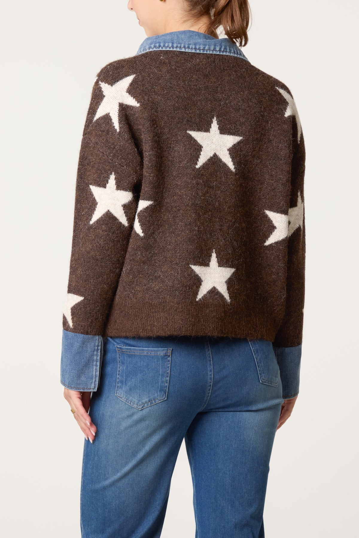 Pull Femme Col Façon Denim Motif Étoile en Maille