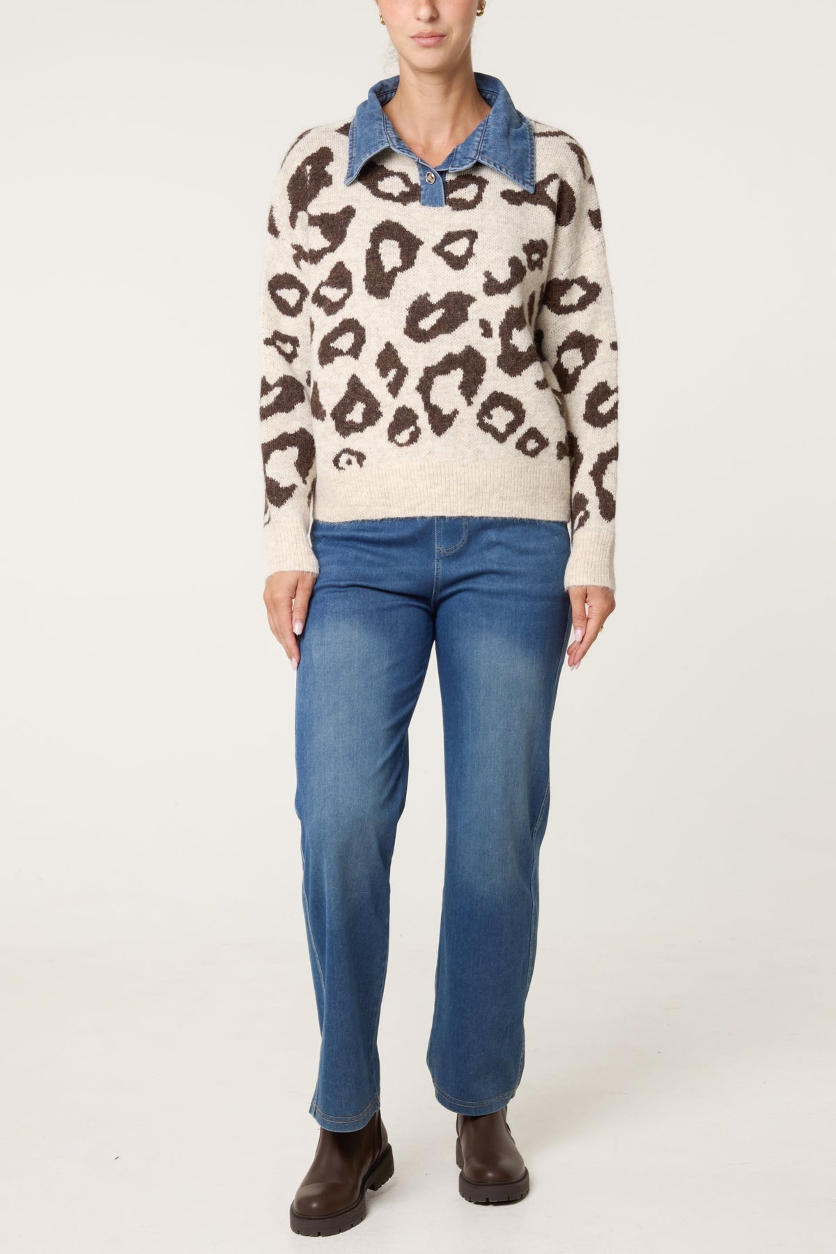 Pull Femme Maille Col en Jean Motif Animalier