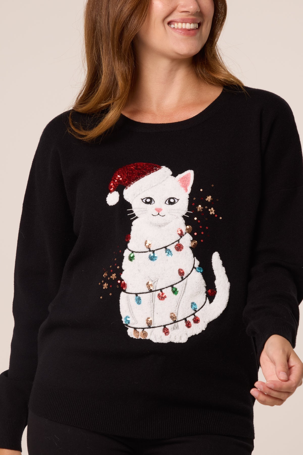 Pull de Noël Femme Motif Chat Pailleté