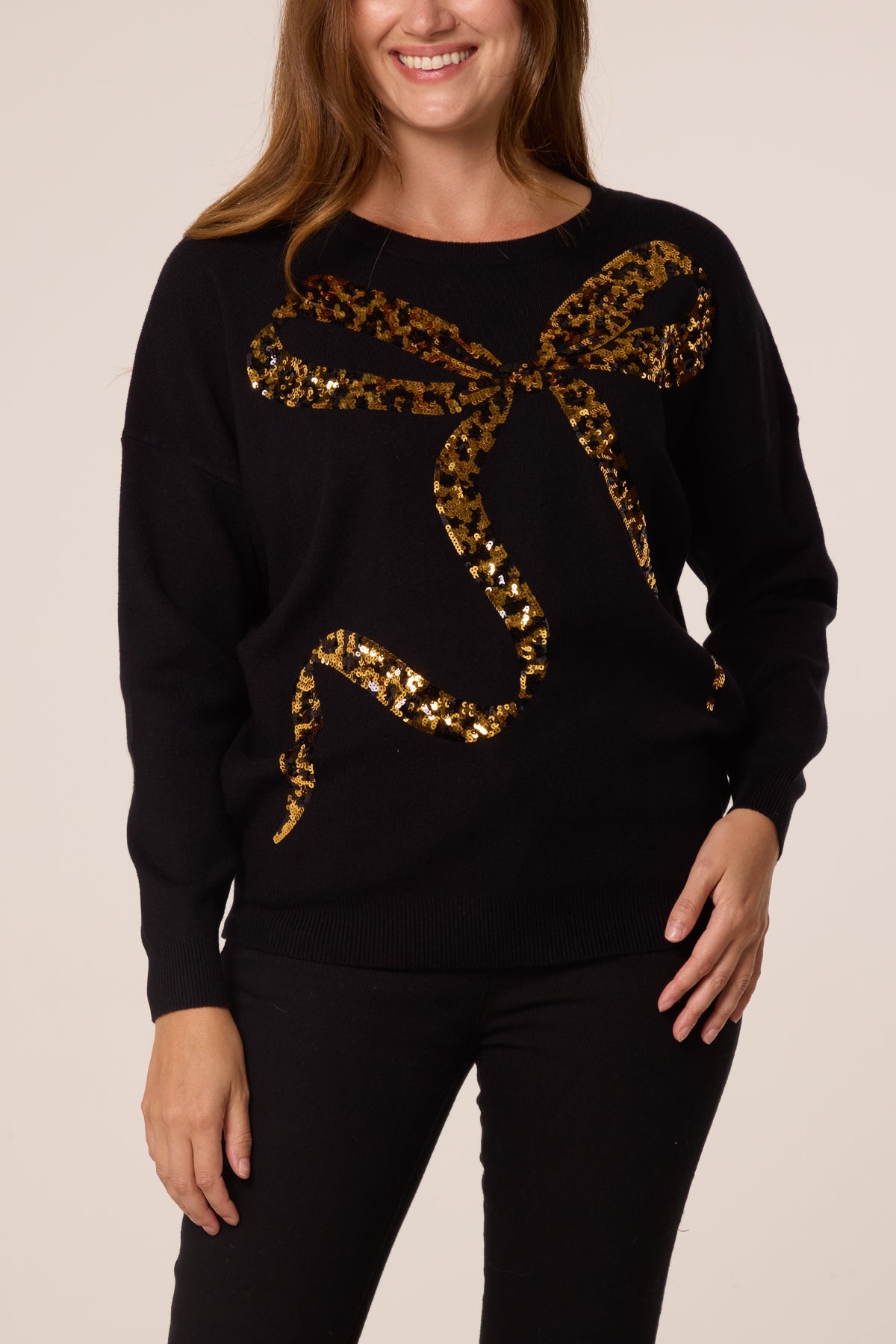 Pull Femme Imprimé Léopard à Nœud en Sequins