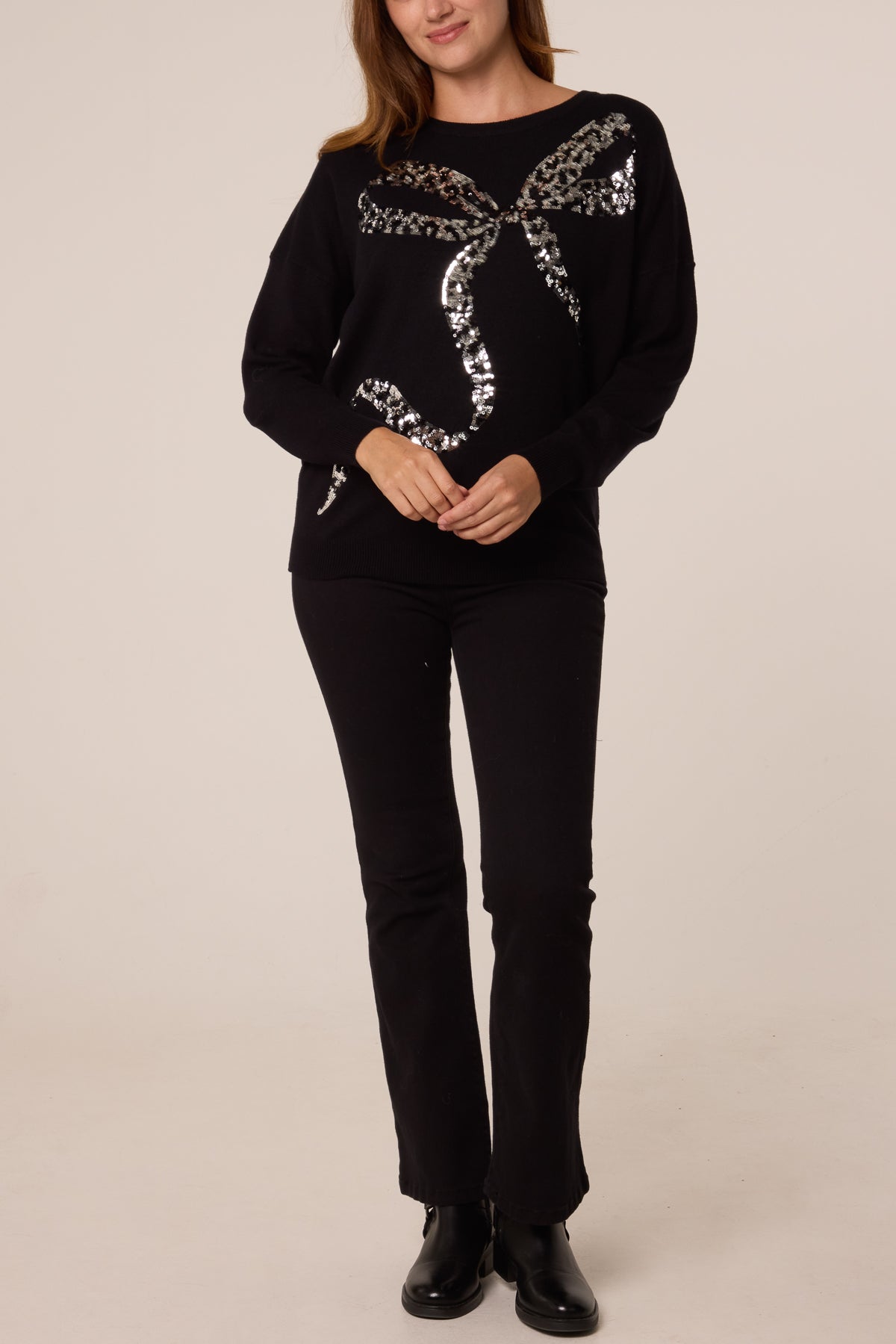 Pull Femme Imprimé Léopard à Nœud en Sequins