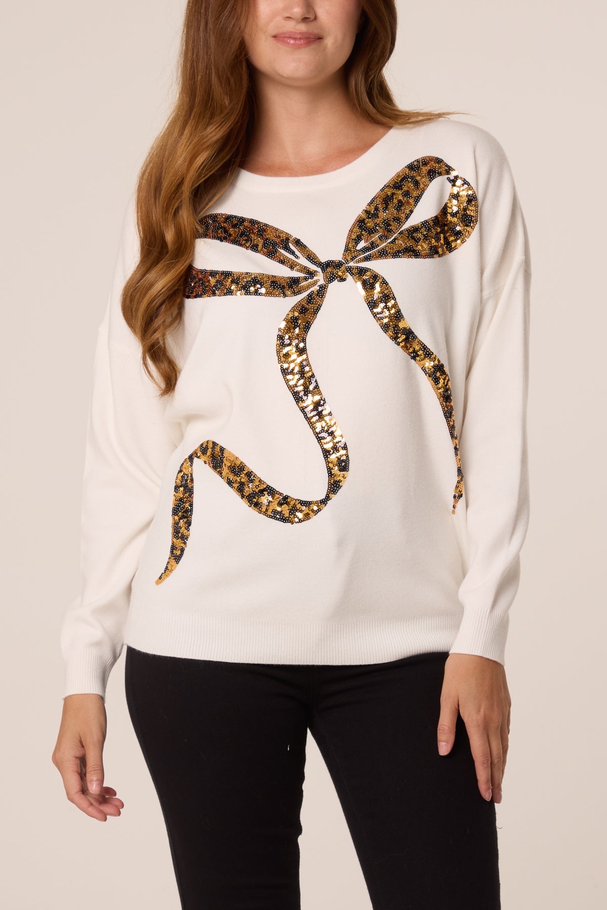 Pull Femme Imprimé Léopard à Nœud en Sequins