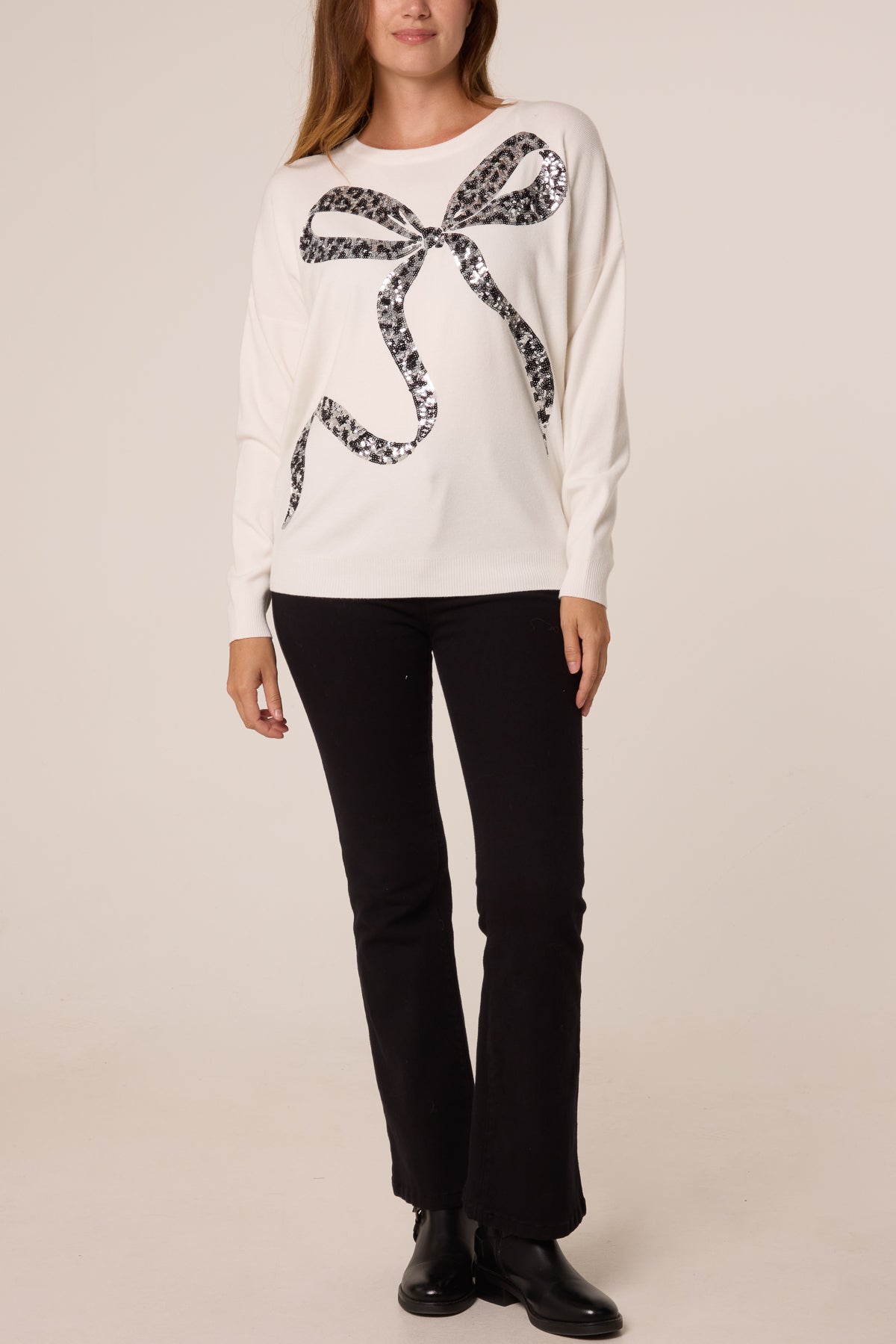 Pull Femme Imprimé Léopard à Nœud en Sequins