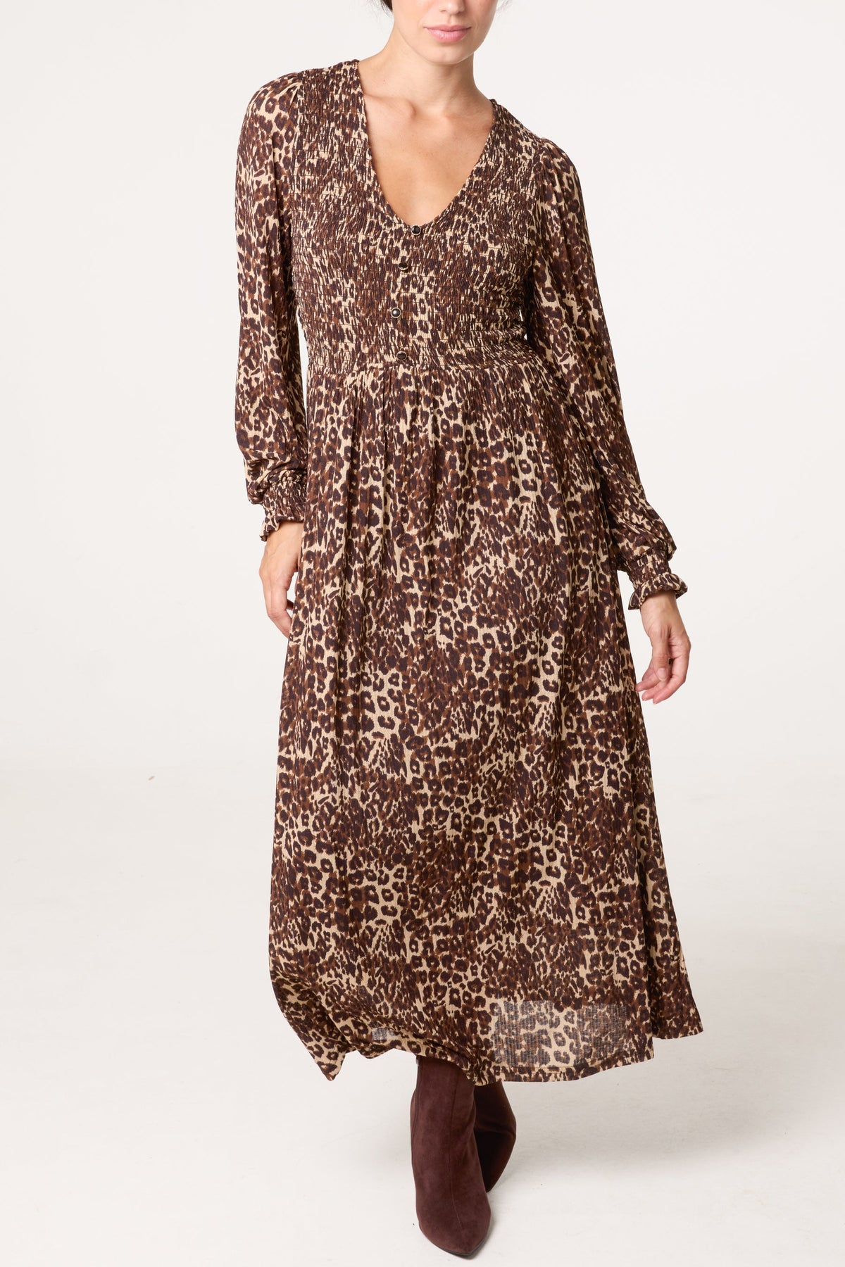 Robe Midi Femme Boutonnée Col V - Imprimé Animal