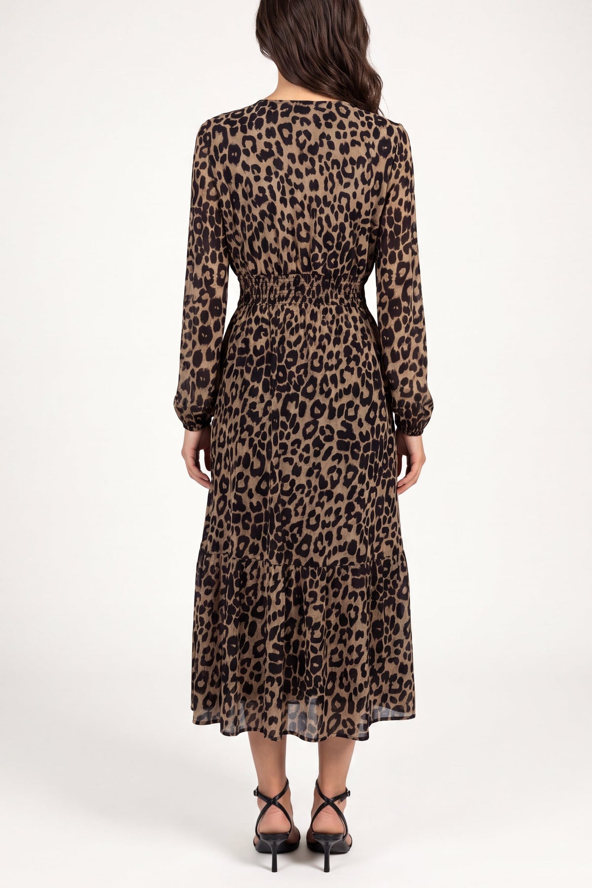 Robe Midi Femme Imprimé Animal Col V Manches Longues Froncée