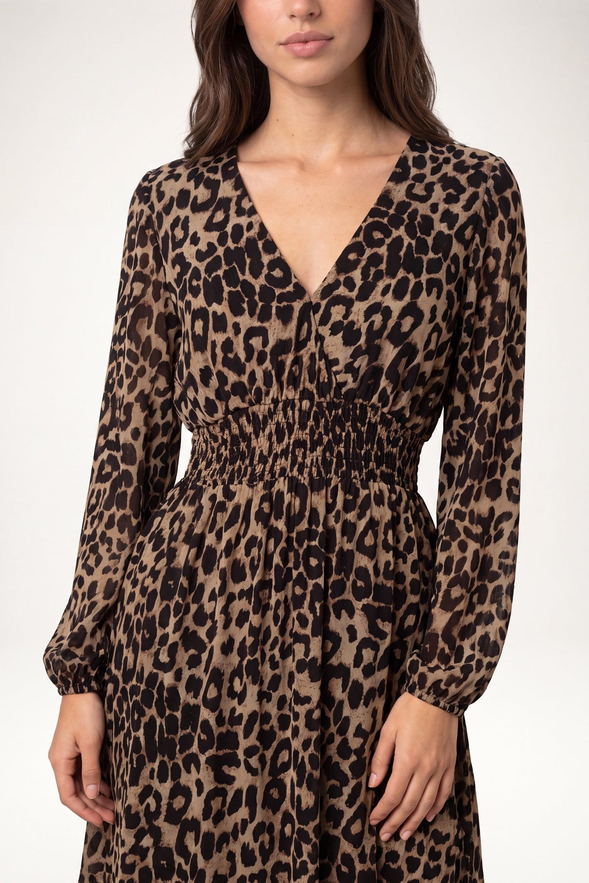 Robe Midi Femme Imprimé Animal Col V Manches Longues Froncée