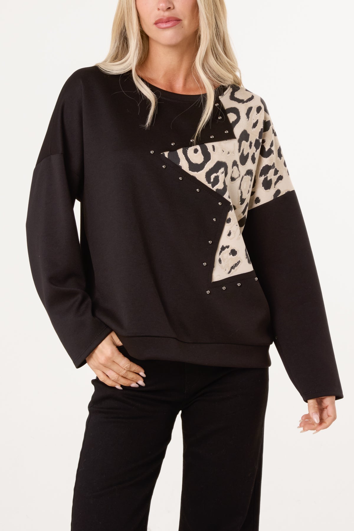Pull Femme Imprimé Léopard Étoile Clouté - Maille Extensible