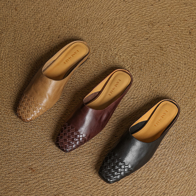 Mules Femme en Cuir Véritable à Dessus Tressé