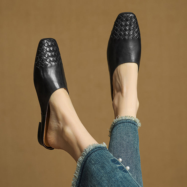 Mules Femme en Cuir Véritable à Dessus Tressé