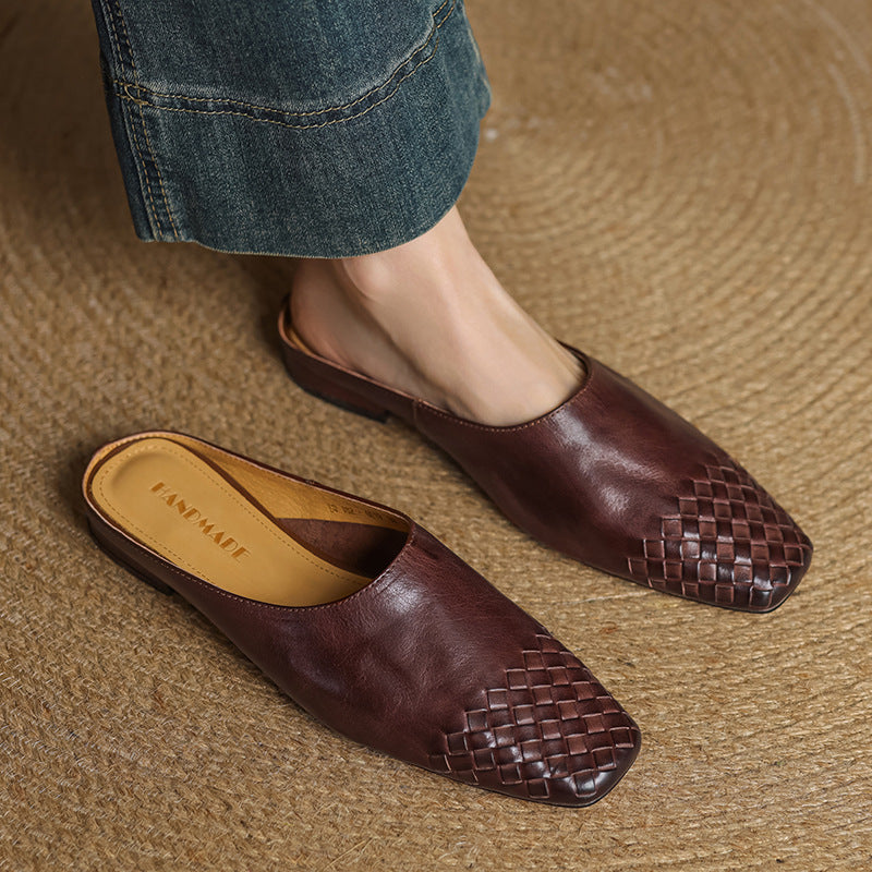 Mules Femme en Cuir Véritable à Dessus Tressé