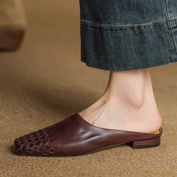 Mules Femme en Cuir Véritable à Dessus Tressé