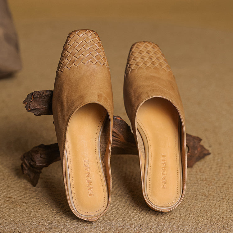Mules Femme en Cuir Véritable à Dessus Tressé