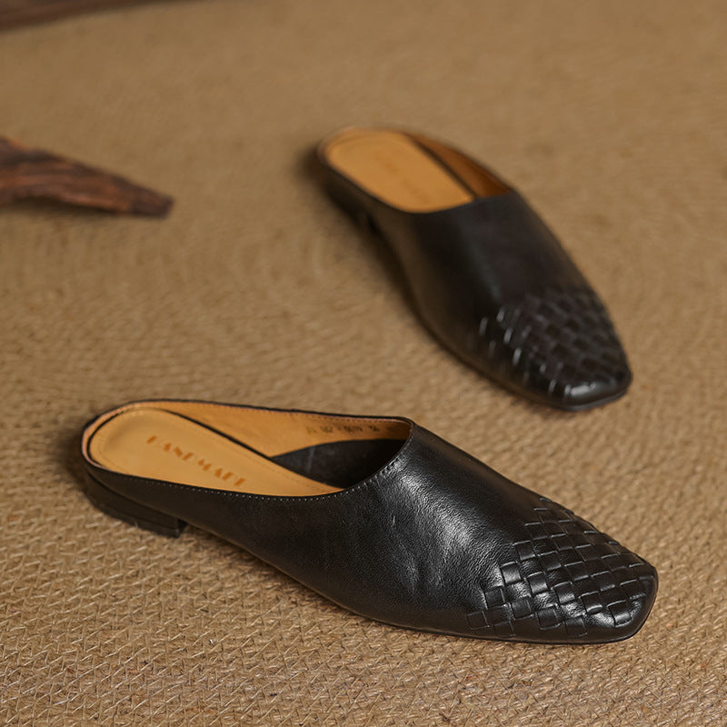 Mules Femme en Cuir Véritable à Dessus Tressé