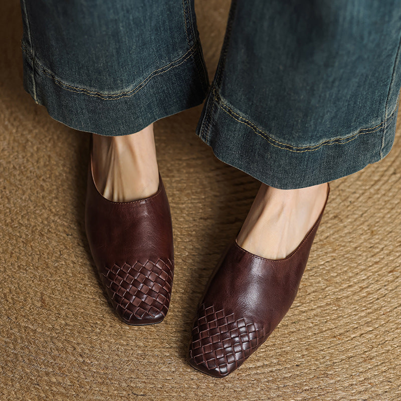 Mules Femme en Cuir Véritable à Dessus Tressé