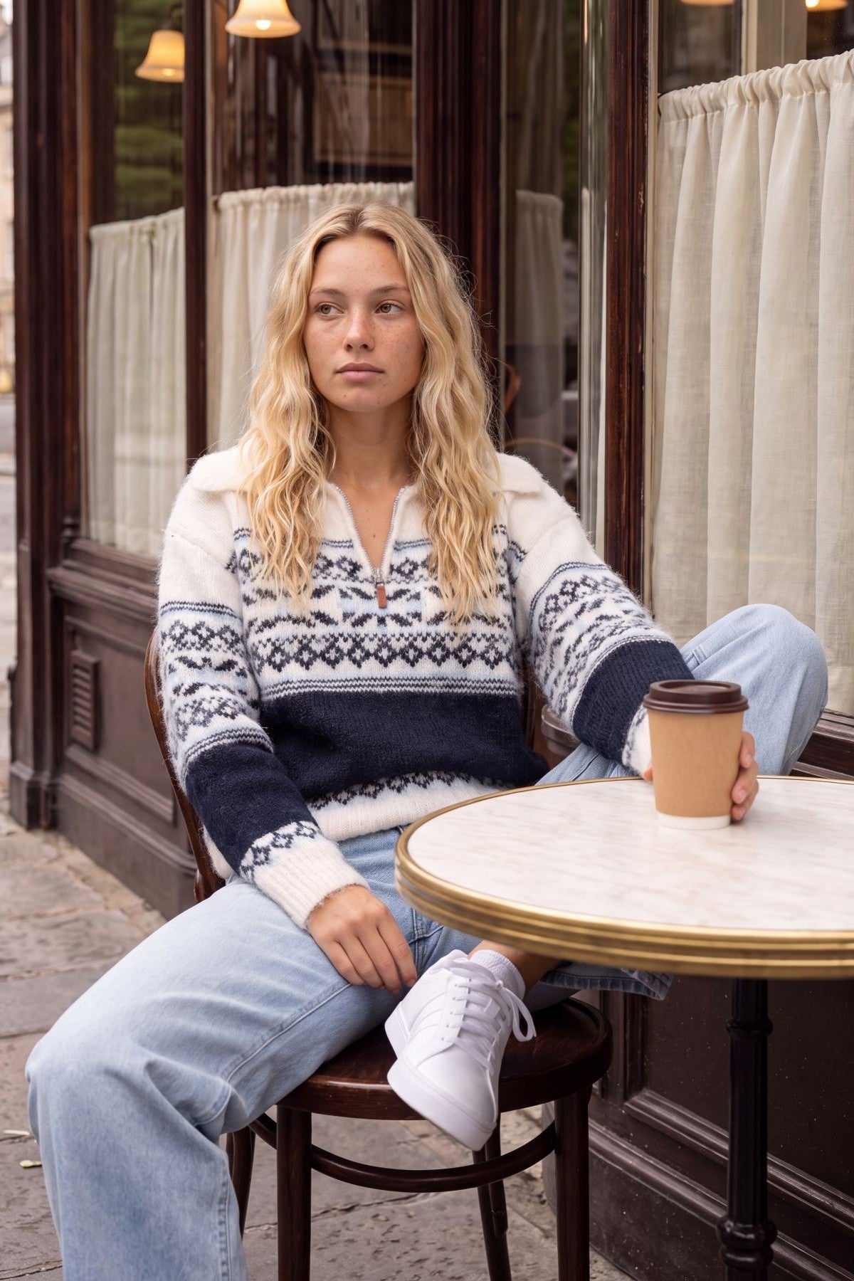 Pull Col Zippé Style Nordique Femme - Tricot Ivoire/Marine