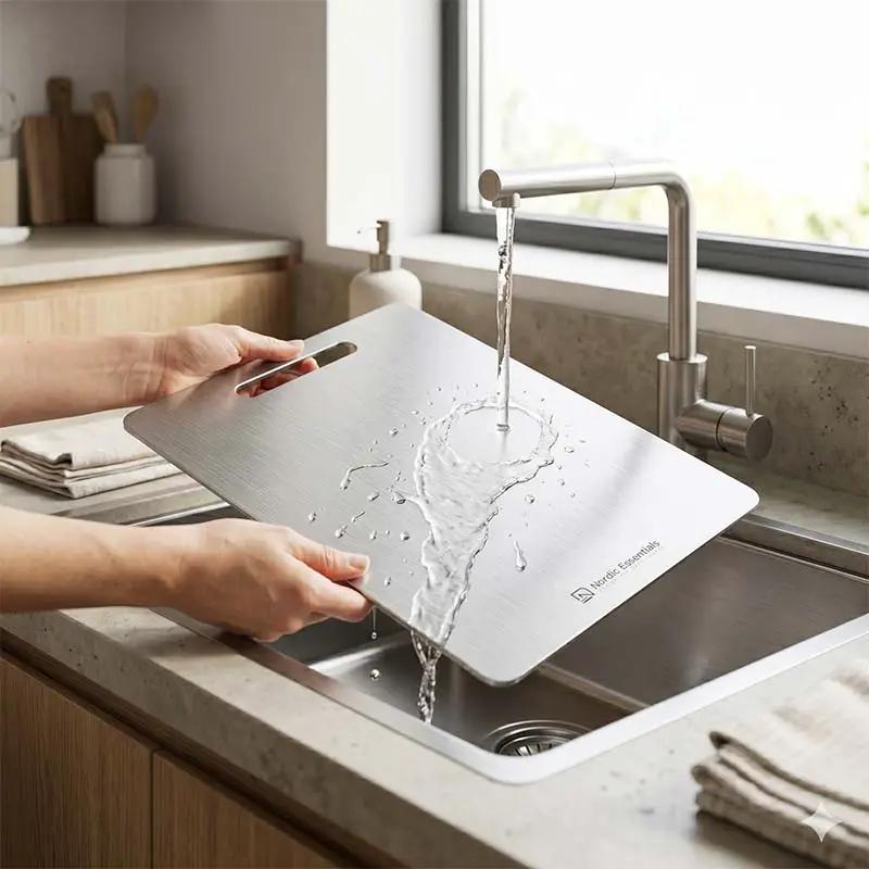 Premium Stainless Steel Chopping Board Nordic Essentials in use under a kitchen tap; double-sided, knife-safe surface.