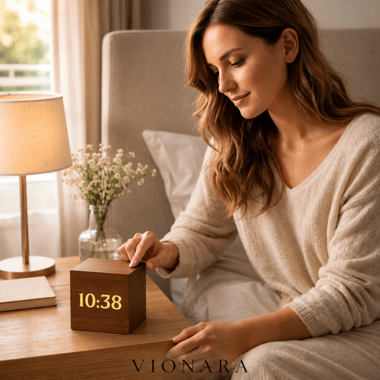 Reloj LED – Acabado en madera mate, diseño compacto para el dormitorio o el despacho