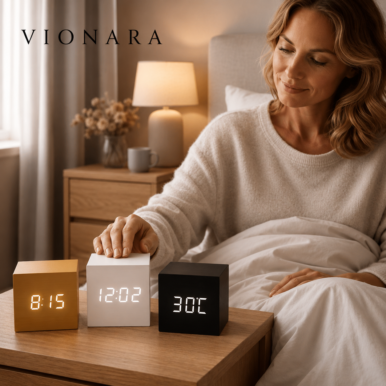 Reloj LED – Acabado en madera mate, diseño compacto para el dormitorio o el despacho