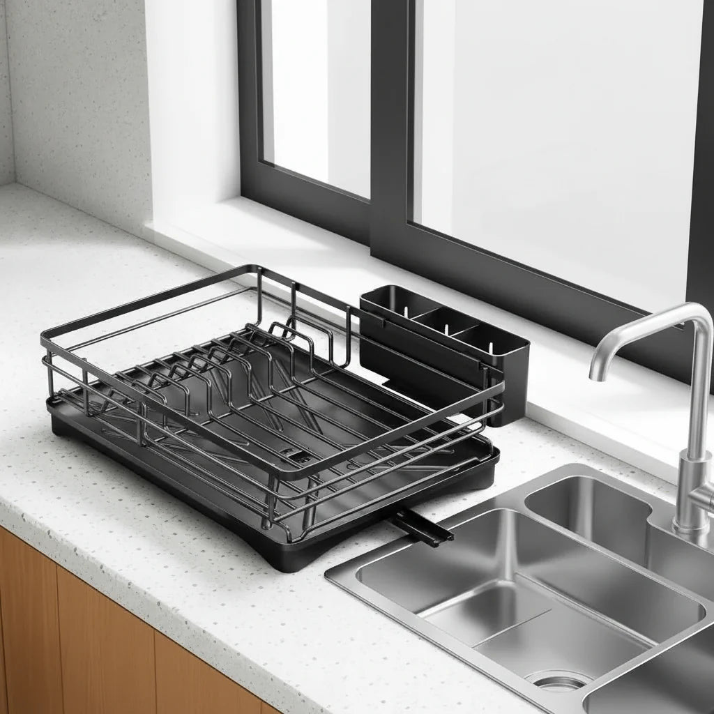 Égouttoir – Design Moderne en Plastique Durable et Métal pour un Séchage Efficace des Assiettes et des Couverts dans la Cuisine