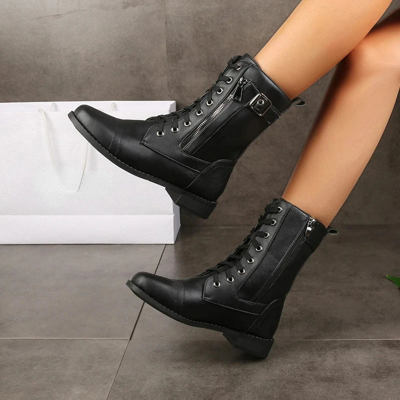 Bottines Femme à Lacets en Cuir, Tige Mi-Mollet