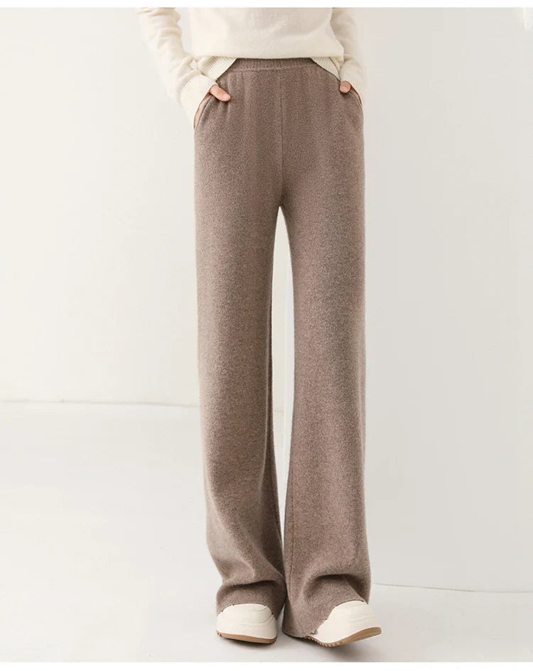 Pantalon Femme Taille Haute Jambe Large en Laine Mérinos