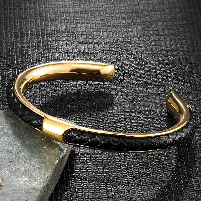 Bracelet Homme Manchette Acier Inoxydable et Cuir Tressé