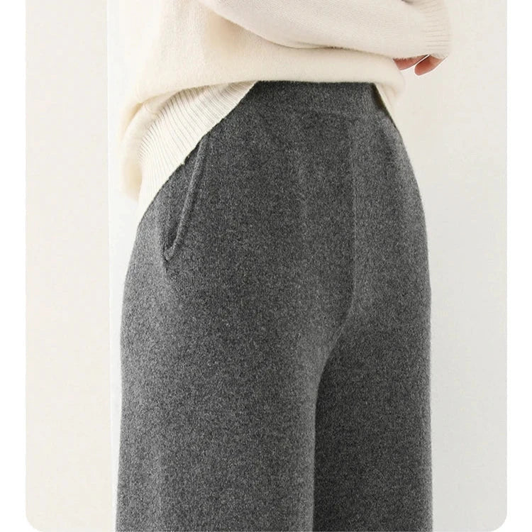 Pantalon Femme Taille Haute Jambe Large en Laine Mérinos