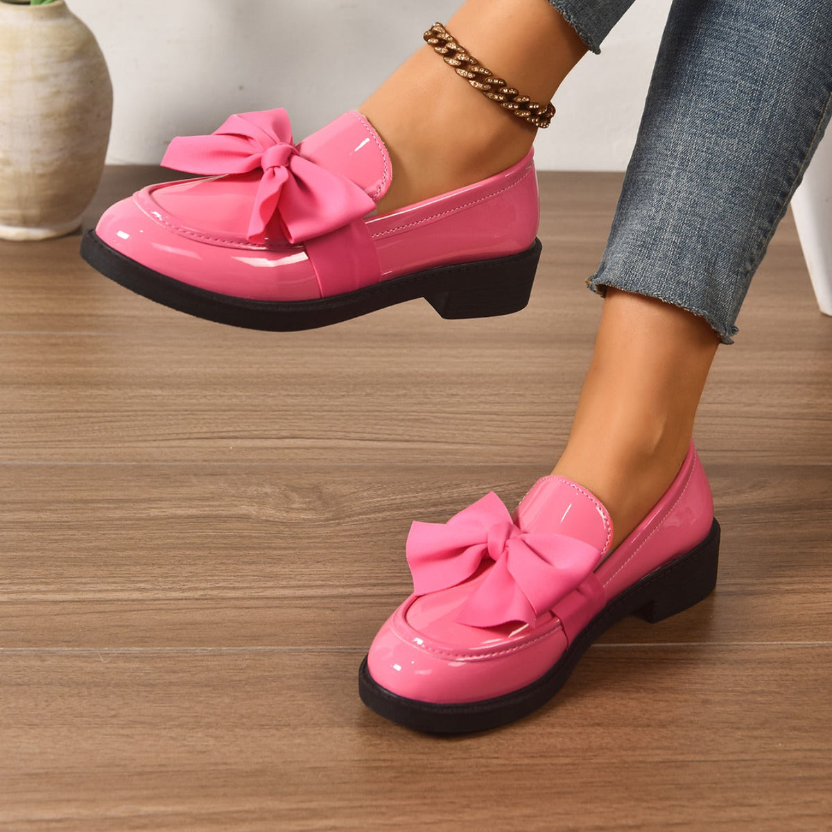 Mocassins Femme en Cuir Verni à Nœud - Chaussures à Enfiler