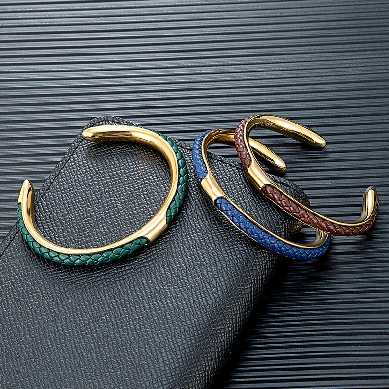 Bracelet Homme Manchette Acier Inoxydable et Cuir Tressé