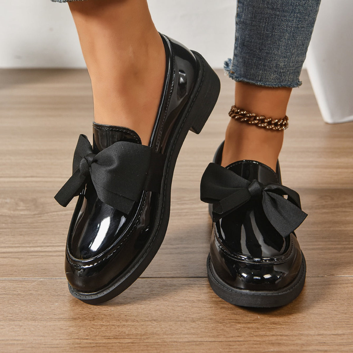 Mocassins Femme en Cuir Verni à Nœud - Chaussures à Enfiler