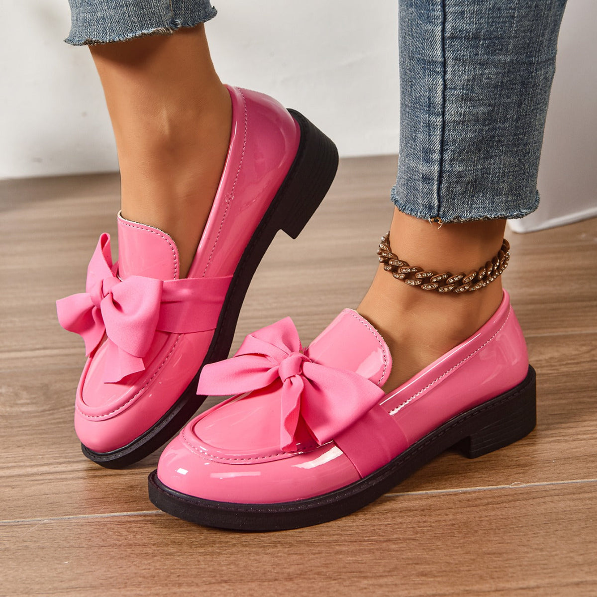 Mocassins Femme en Cuir Verni à Nœud - Chaussures à Enfiler